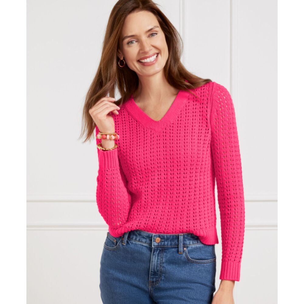 Talbots 100% Cotton Open Lace Stitch Knit Pink V-Neck Beachy Pullover Size L